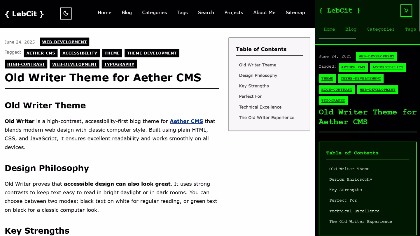 Screenshot of the Old Writer theme Table of Contents (TOC) displayed in light and dark modes on desktop and mobile devices.