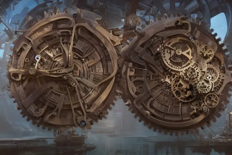 Digital art painting of giant clocks mechanisms